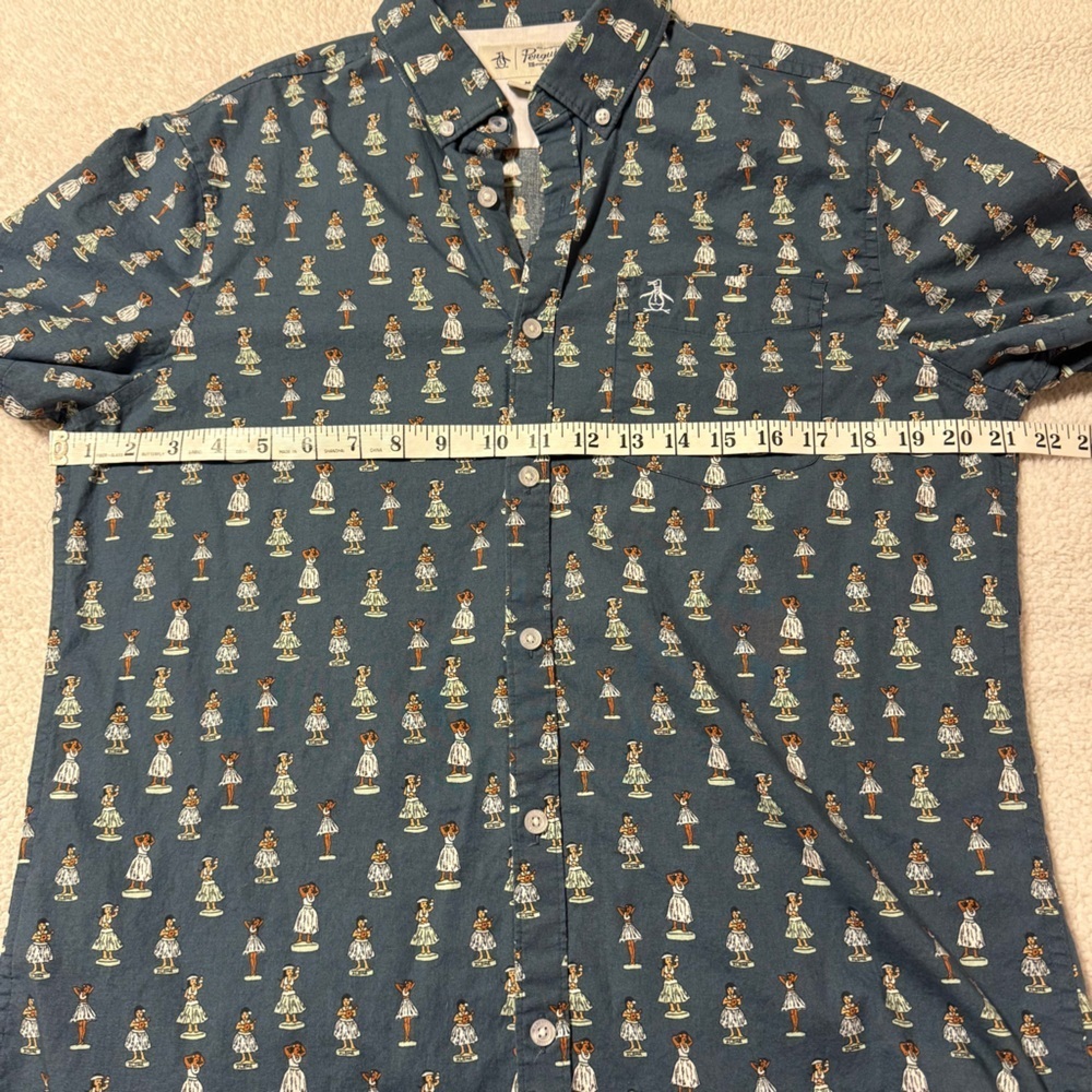 Penguin Blue Hula Dancer Patterned Short Sleeve Button Front Collared Shirt Mens - Picture 4 of 11